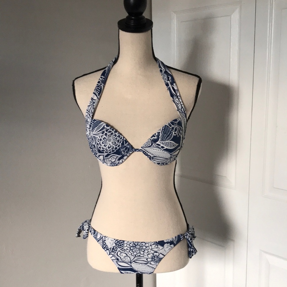 WOMEN - BLue Floral Print Underwire Top Bikini Set | 4